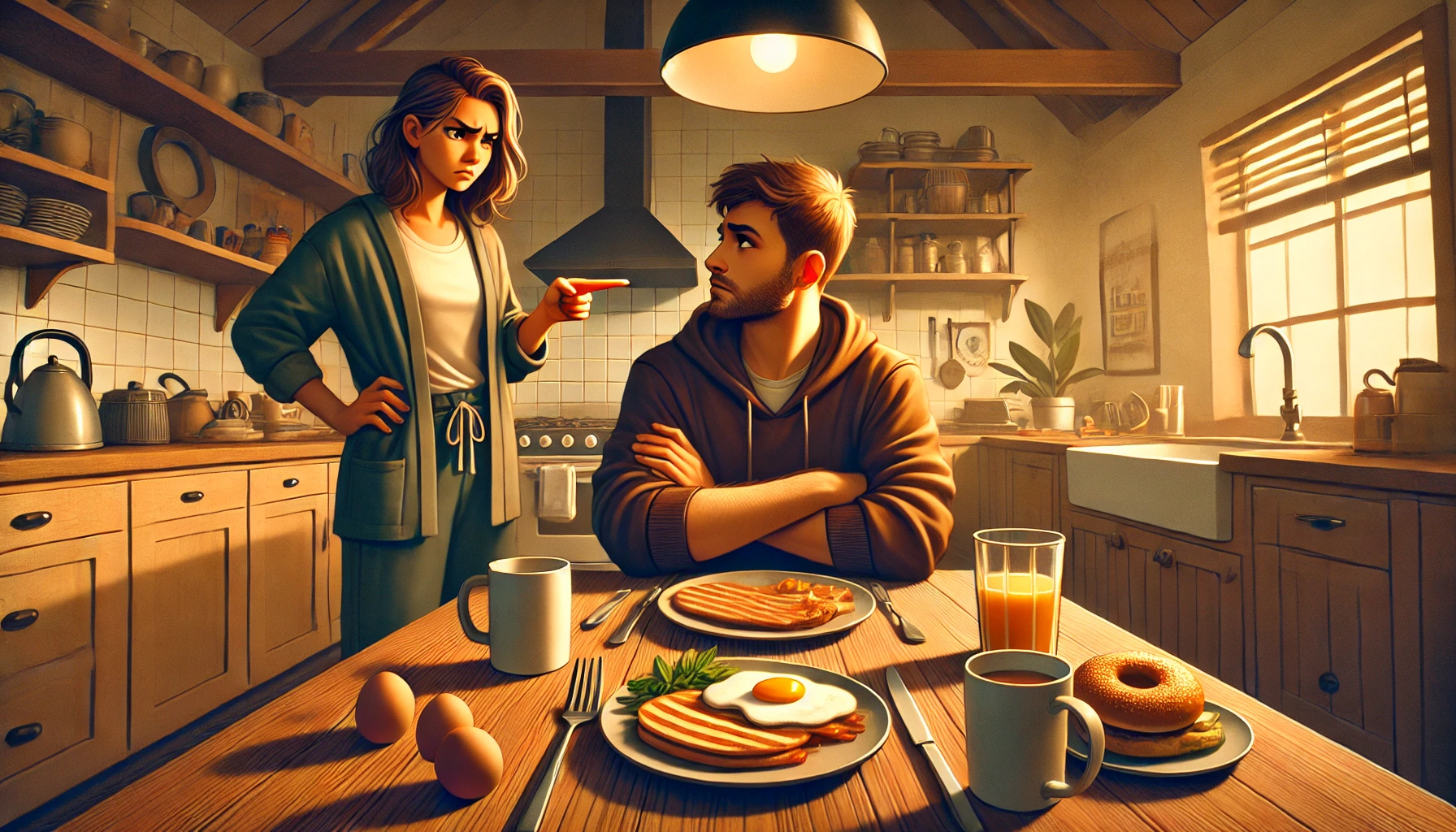 A-wide-digital-illustration-depicting-a-morning-kitchen-scene-with-a-tense-exchange-between-a-wife-and-husband.-The-husband-sits-at-the-breakfast