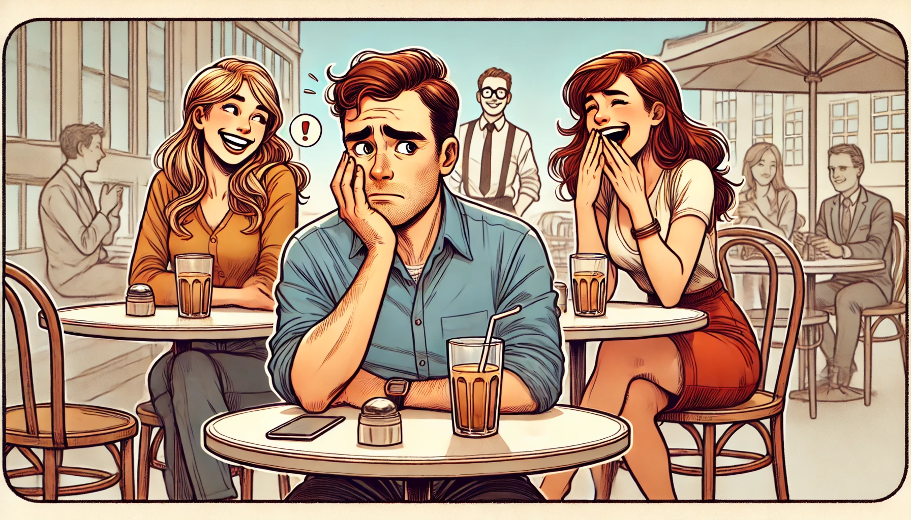 A-wide-digital-illustration-depicting-a-humorous-and-slightly-awkward-scenario.-A-man-sits-at-a-cafe-table-looking-flustered-and-bewildered-while