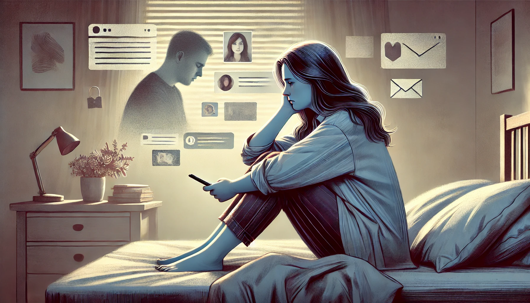 A-wide-digital-illustration-depicting-an-emotional-and-reflective-moment.-A-young-woman-sits-on-a-bed-looking-distraught-and-contemplative-holding