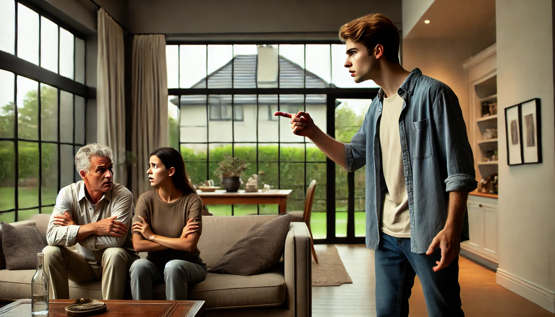 A-tense-and-emotionally-charged-scene-in-a-modern-living-room.-A-young-adult-is-standing-visibly-frustrated-pointing-toward-an-older-man-and-his-gir