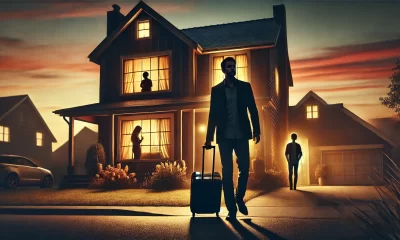 A-dramatic-and-emotional-scene-showing-a-man-walking-away-from-a-suburban-home-at-dusk-carrying-a-suitcase.-The-house-in-the-background-has-warm-ligh