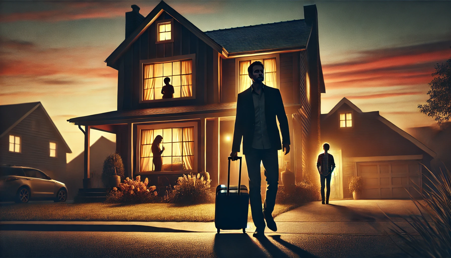 A-dramatic-and-emotional-scene-showing-a-man-walking-away-from-a-suburban-home-at-dusk-carrying-a-suitcase.-The-house-in-the-background-has-warm-ligh