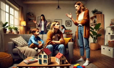 A-tense-family-argument-scene-in-a-cozy-living-room.-A-young-adult-woman-is-sitting-on-a-couch-with-two-young-children-around-her-looking-overwhelmed