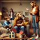 A-tense-family-argument-scene-in-a-cozy-living-room.-A-young-adult-woman-is-sitting-on-a-couch-with-two-young-children-around-her-looking-overwhelmed