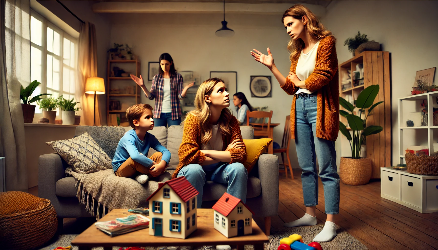 A-tense-family-argument-scene-in-a-cozy-living-room.-A-young-adult-woman-is-sitting-on-a-couch-with-two-young-children-around-her-looking-overwhelmed