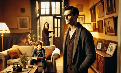 A-dramatic-scene-showing-a-family-in-a-living-room-where-a-man-is-standing-resolutely-his-expression-firm-but-sorrowful-as-he-gestures-towards-the