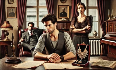 A dramatic family conflict scene in a living room. A man, looking frustrated and determined, sits at a desk with legal documents spread out, symbolizi