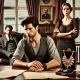 A dramatic family conflict scene in a living room. A man, looking frustrated and determined, sits at a desk with legal documents spread out, symbolizi