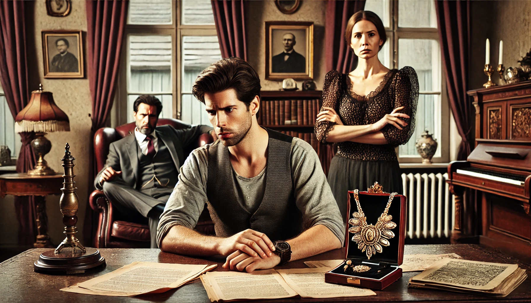 A dramatic family conflict scene in a living room. A man, looking frustrated and determined, sits at a desk with legal documents spread out, symbolizi