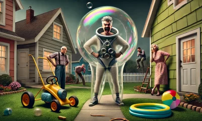 A whimsical yet slightly dark scene depicting a grown 'bubble boy' seeking revenge. The setting is a quirky suburban neighborhood. The central figure