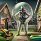 A whimsical yet slightly dark scene depicting a grown 'bubble boy' seeking revenge. The setting is a quirky suburban neighborhood. The central figure