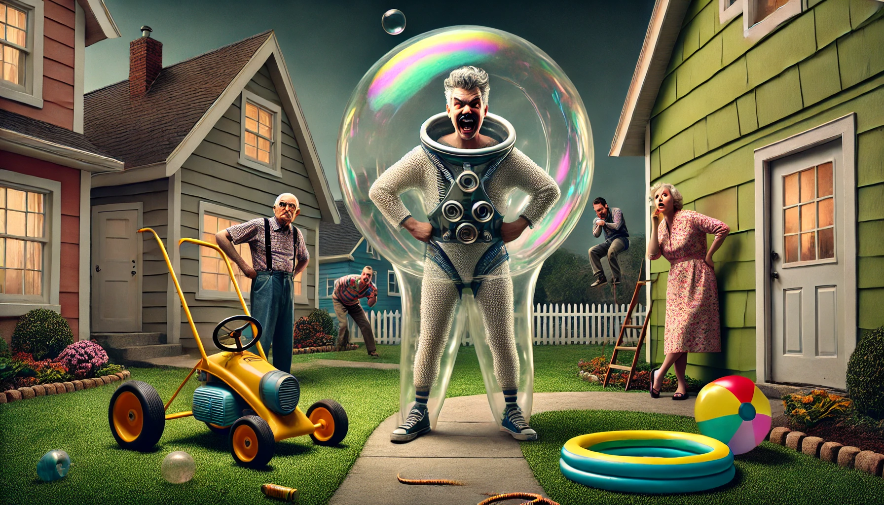 A whimsical yet slightly dark scene depicting a grown 'bubble boy' seeking revenge. The setting is a quirky suburban neighborhood. The central figure