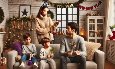 A tense family scene in a cozy living room during winter, with New Year decorations in the background. A woman stands in the center, visibly upset and