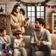 A tense family scene in a cozy living room during winter, with New Year decorations in the background. A woman stands in the center, visibly upset and