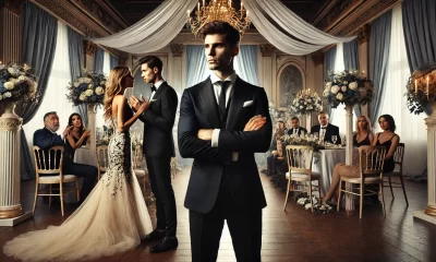 A dramatic scene at a wedding venue. A well-dressed man looks upset, standing apart with his arms crossed, while a bride and groom argue with him.