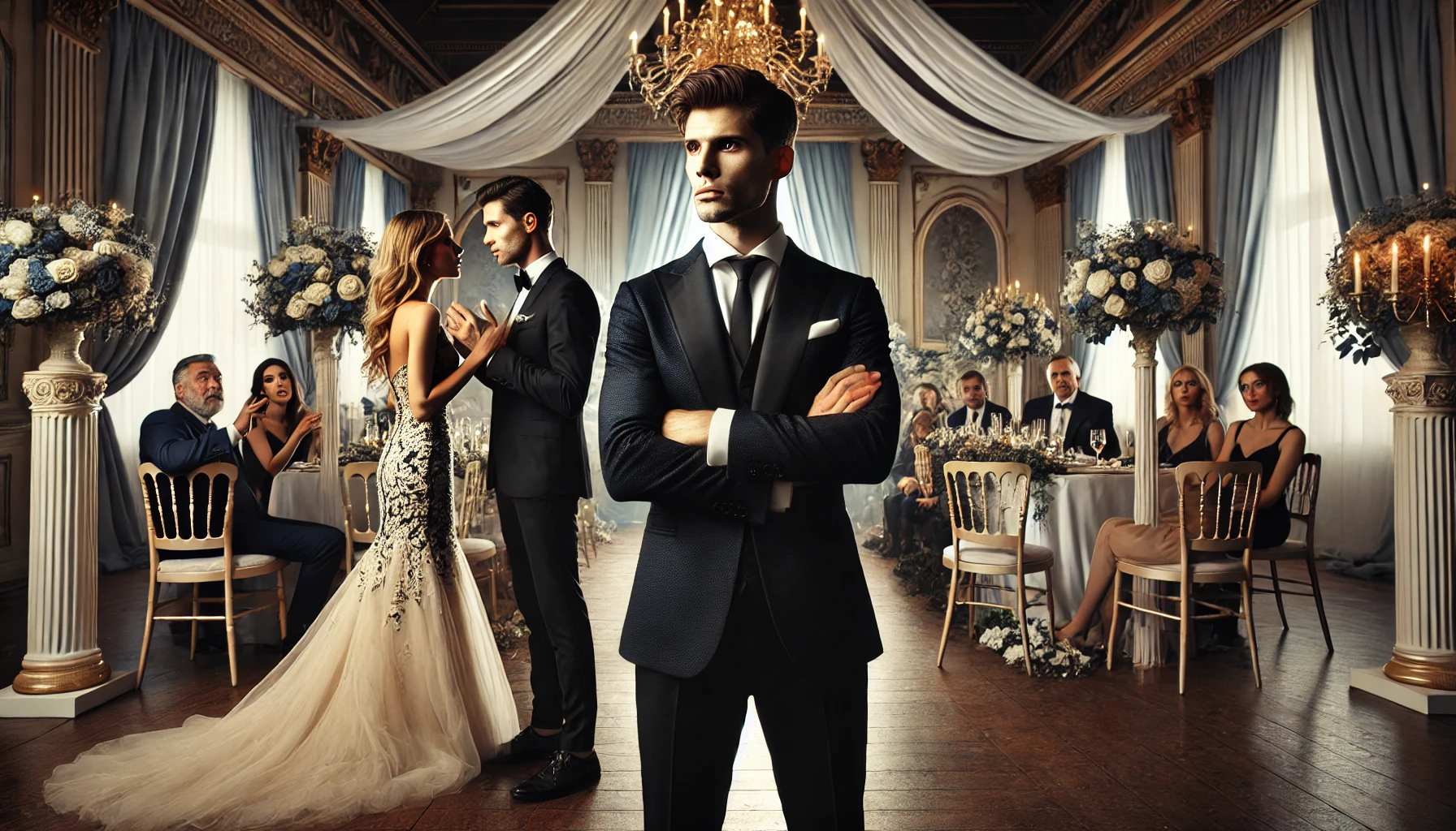 A dramatic scene at a wedding venue. A well-dressed man looks upset, standing apart with his arms crossed, while a bride and groom argue with him.