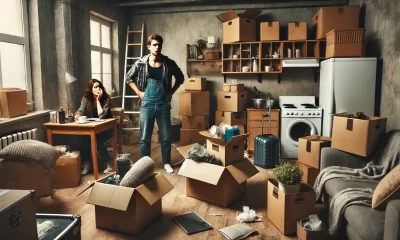 A dramatic scene inside a cluttered apartment where one person is packing boxes and taking furniture, decor, and appliances, leaving the room half-