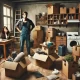 A dramatic scene inside a cluttered apartment where one person is packing boxes and taking furniture, decor, and appliances, leaving the room half-