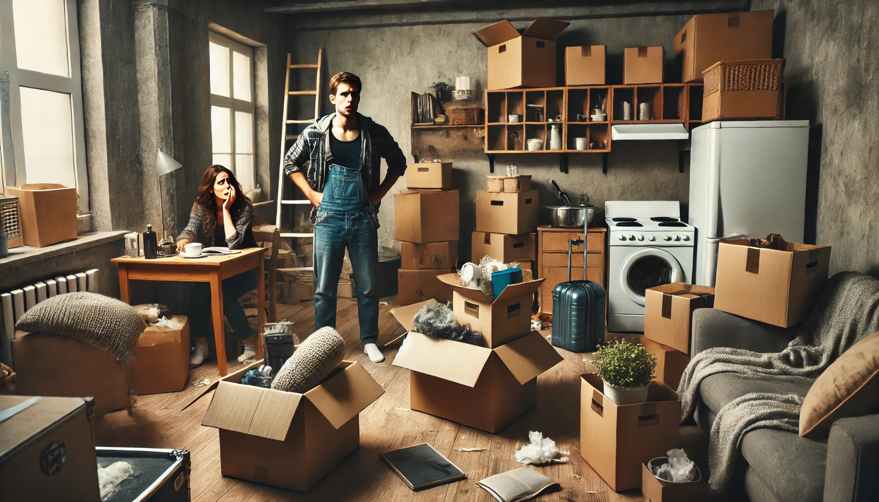 A dramatic scene inside a cluttered apartment where one person is packing boxes and taking furniture, decor, and appliances, leaving the room half-