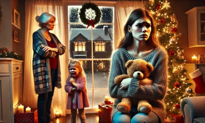 A heart-wrenching scene capturing a tense family moment on Christmas Eve. A distraught young woman, visibly upset, is leaving a warmly lit living room