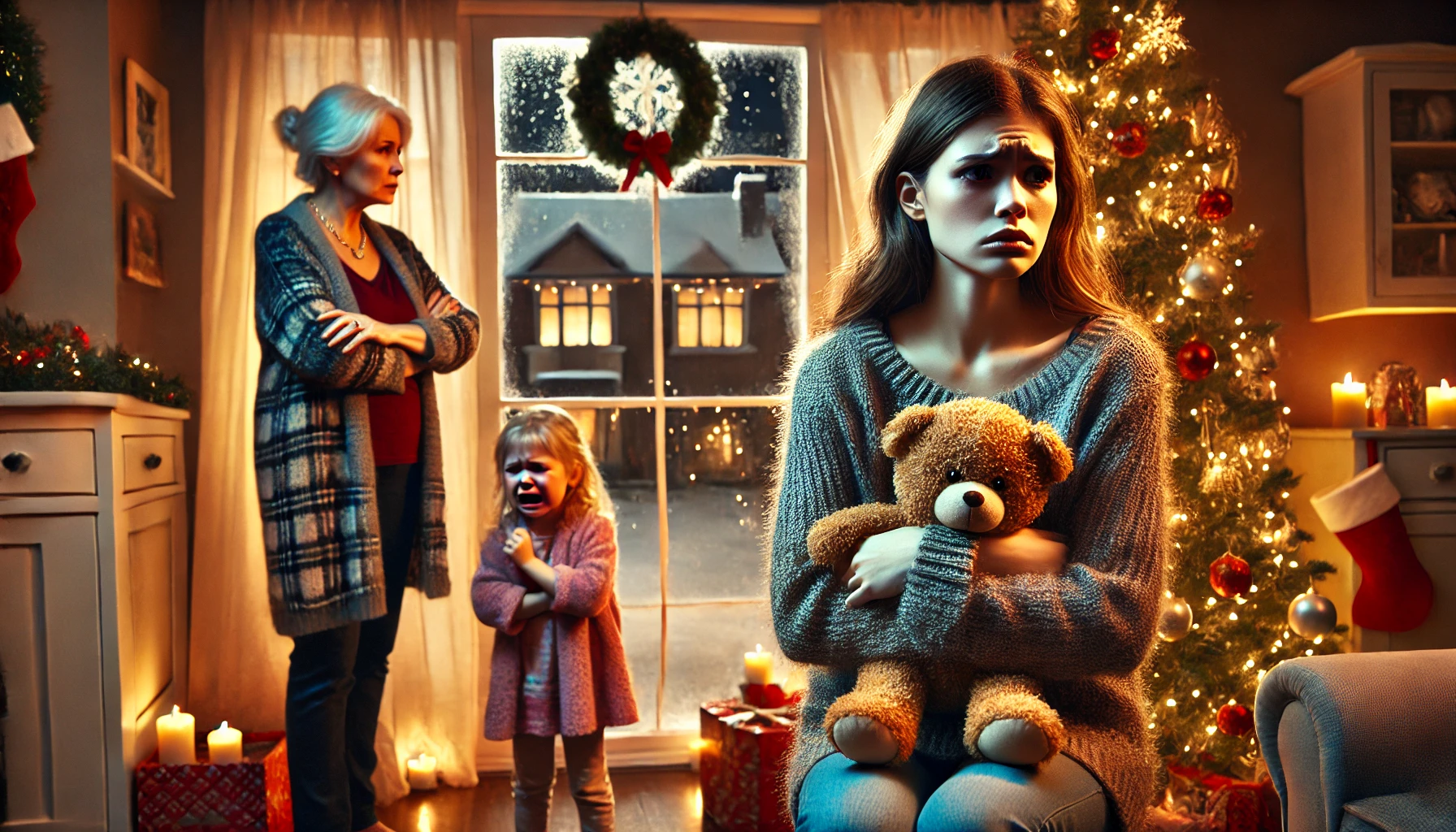 A heart-wrenching scene capturing a tense family moment on Christmas Eve. A distraught young woman, visibly upset, is leaving a warmly lit living room