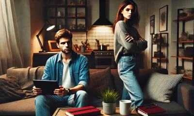 A tense scene featuring a young couple in a modern apartment. The man sits on a couch, looking frustrated and defensive, while the woman stands nearby