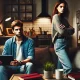 A tense scene featuring a young couple in a modern apartment. The man sits on a couch, looking frustrated and defensive, while the woman stands nearby