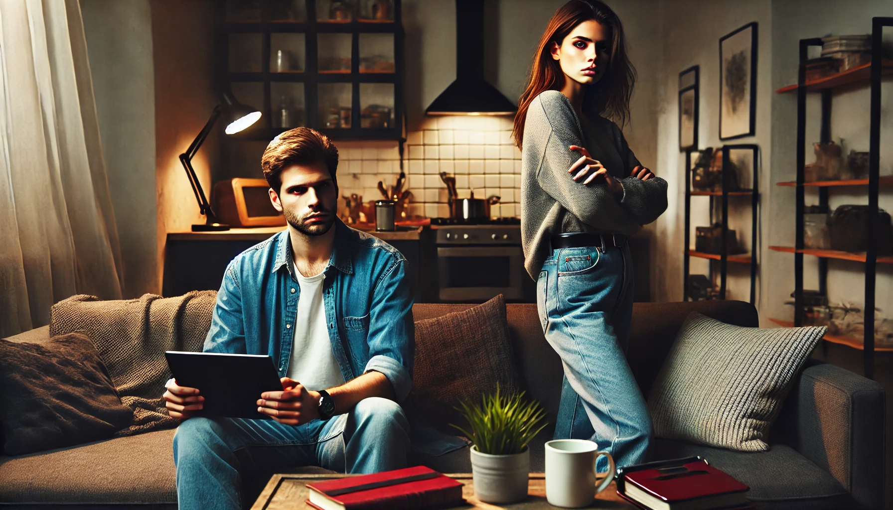 A tense scene featuring a young couple in a modern apartment. The man sits on a couch, looking frustrated and defensive, while the woman stands nearby