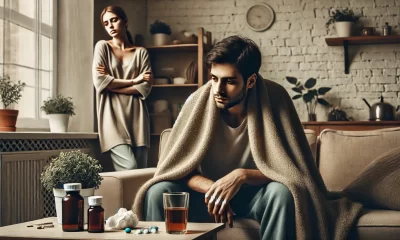 A somber domestic scene depicting a man recovering on a couch with a blanket, looking pale and unwell, while his wife stands nearby with an indifferent