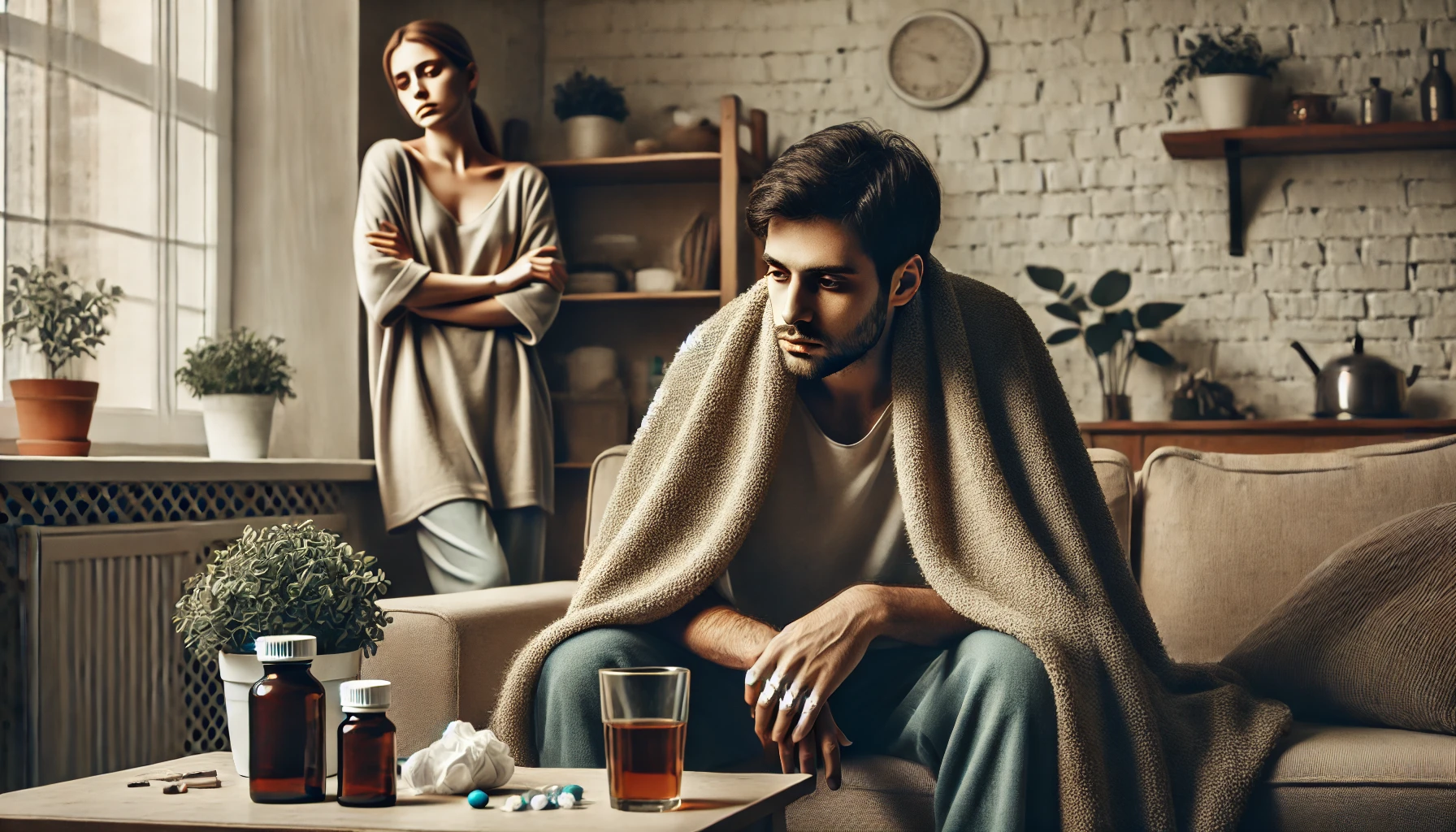 A somber domestic scene depicting a man recovering on a couch with a blanket, looking pale and unwell, while his wife stands nearby with an indifferent