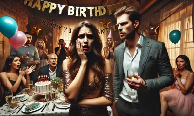 A dramatic and emotional scene at a festive birthday party. A woman looks shocked and upset, holding her face, while a man (her ex-husband) stands nea