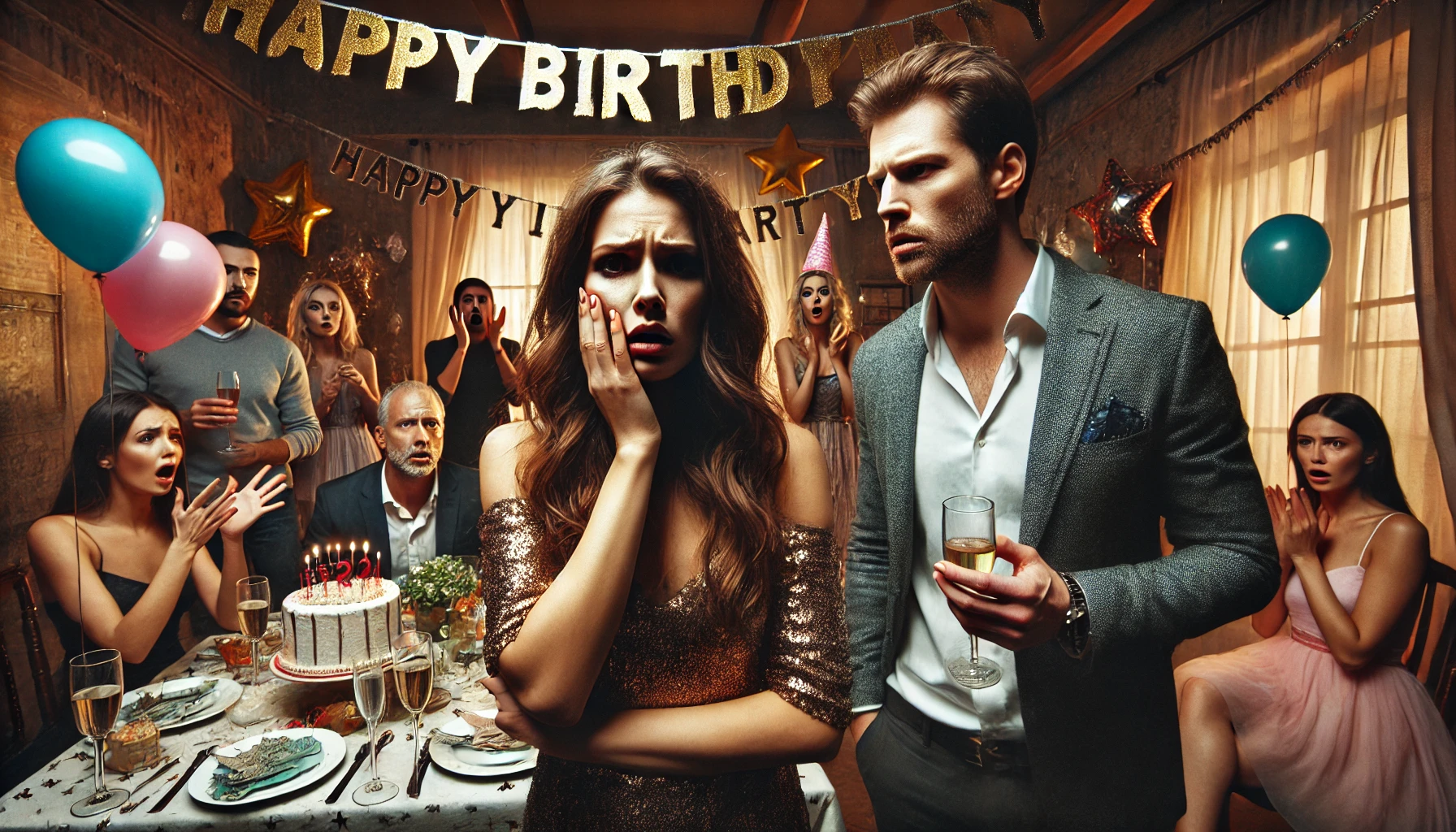 A dramatic and emotional scene at a festive birthday party. A woman looks shocked and upset, holding her face, while a man (her ex-husband) stands nea