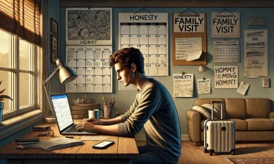 A thoughtful scene depicting a young adult sitting at a desk, typing on their laptop, appearing contemplative. In the background, a calendar on the wa