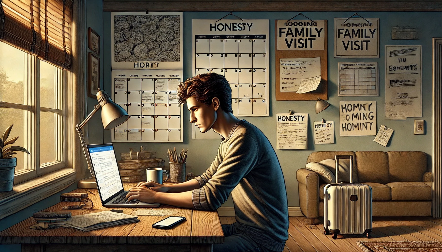 A thoughtful scene depicting a young adult sitting at a desk, typing on their laptop, appearing contemplative. In the background, a calendar on the wa