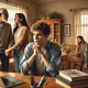 A thoughtful and emotional scene featuring a young adult sitting at a dining table, surrounded by personal items like a laptop and books, while an old