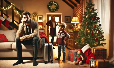 A tense holiday scene in a cozy living room. A man sits on a couch, looking conflicted, while a young child plays near a decorated Christmas tree.