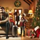 A tense holiday scene in a cozy living room. A man sits on a couch, looking conflicted, while a young child plays near a decorated Christmas tree.