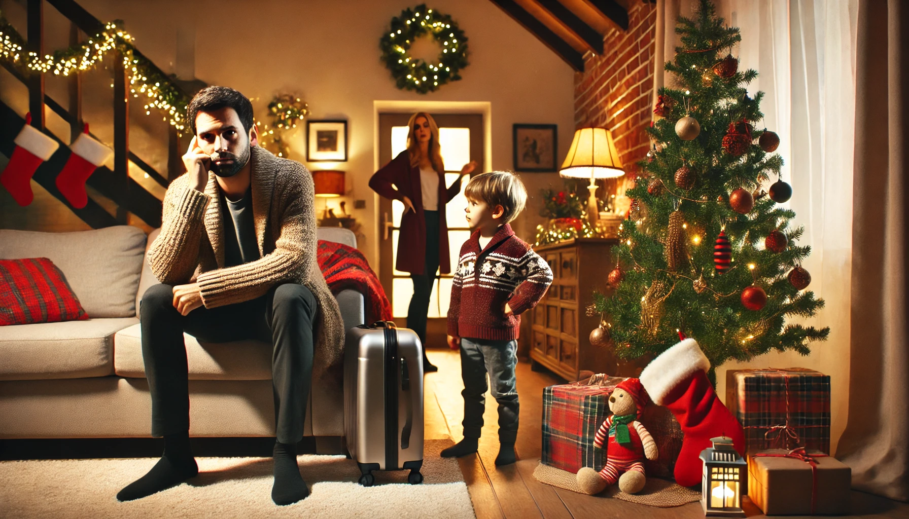 A tense holiday scene in a cozy living room. A man sits on a couch, looking conflicted, while a young child plays near a decorated Christmas tree.