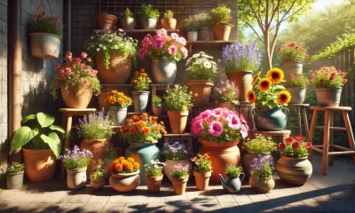 A beautiful arrangement of various potted flowers in a bright and serene garden setting. The pots are made of different materials like terracotta, cer.