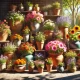 A beautiful arrangement of various potted flowers in a bright and serene garden setting. The pots are made of different materials like terracotta, cer.