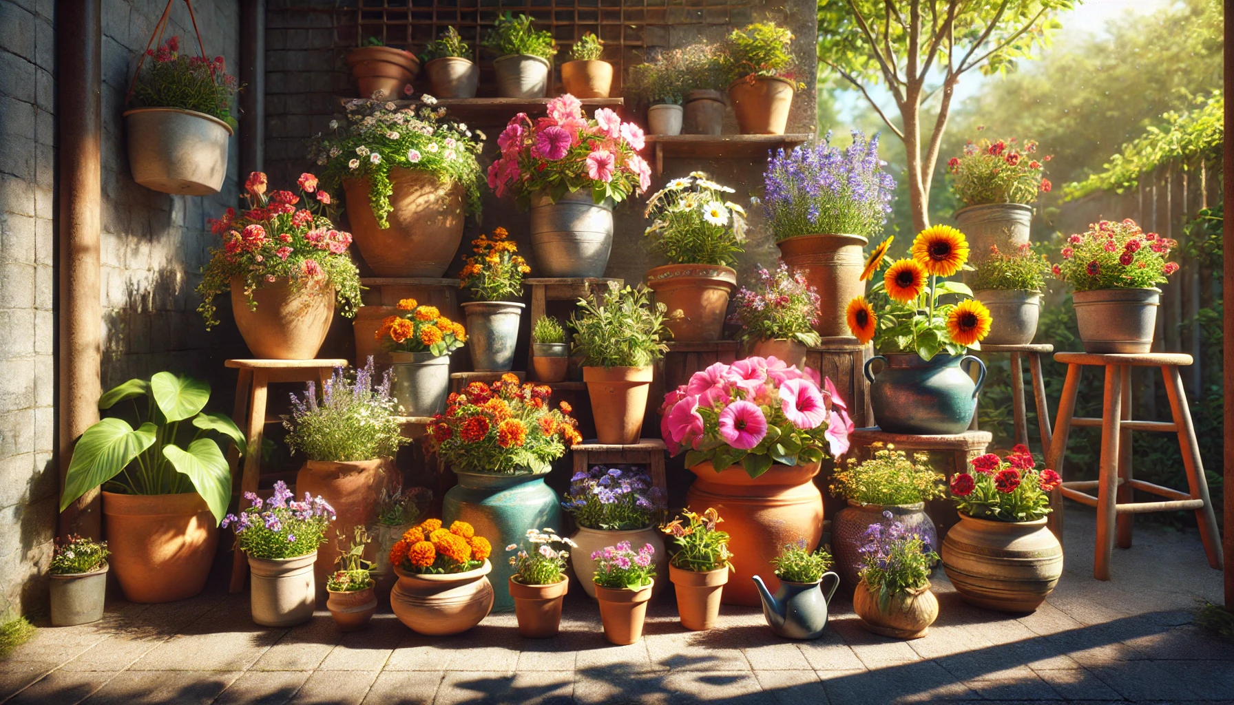 A beautiful arrangement of various potted flowers in a bright and serene garden setting. The pots are made of different materials like terracotta, cer.