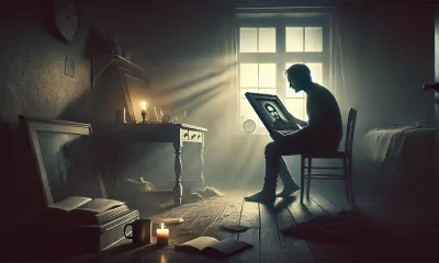 A somber and emotional depiction of a person sitting alone in a dimly lit room, holding a photo frame with an image of a loved one. The atmosphere is