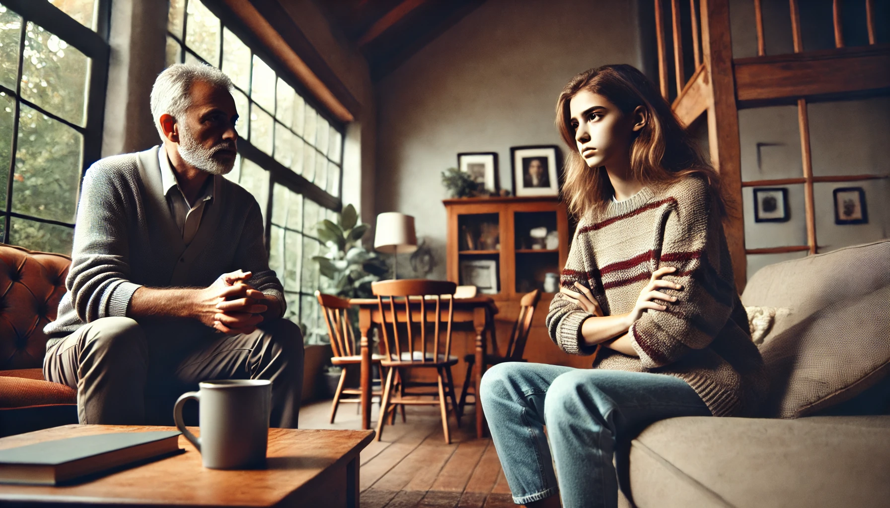 A-tense-family-scene-depicting-a-parent-and-a-teenage-daughter-in-a-heated-discussion-in-a-cozy-living-room-setting.-The-parent-sitting-on-a-couch-l.