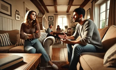 A heated family conversation in a cozy living room. A young woman sits on a couch, arms crossed, looking firm and assertive. Across from her, a man