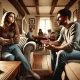 A heated family conversation in a cozy living room. A young woman sits on a couch, arms crossed, looking firm and assertive. Across from her, a man