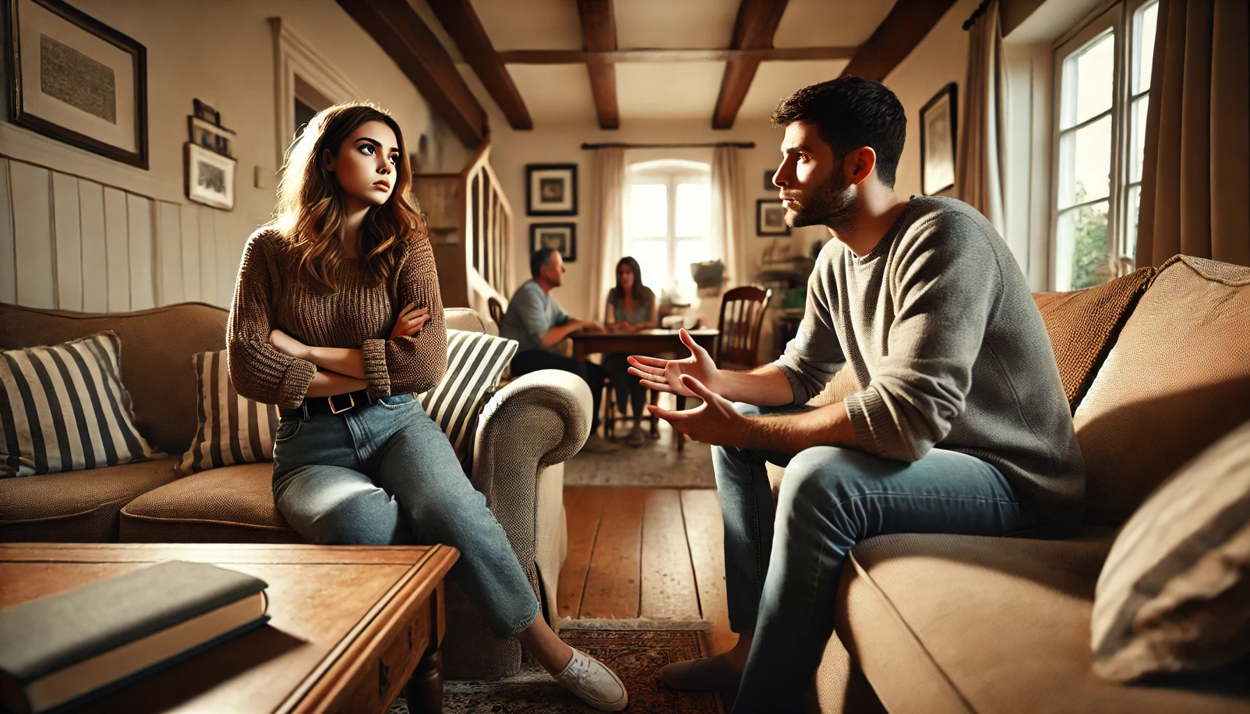 A heated family conversation in a cozy living room. A young woman sits on a couch, arms crossed, looking firm and assertive. Across from her, a man