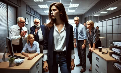 A dramatic and emotional scene set in a professional office environment. A young woman stands confidently, visibly upset but composed, as a group of