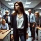 A dramatic and emotional scene set in a professional office environment. A young woman stands confidently, visibly upset but composed, as a group of