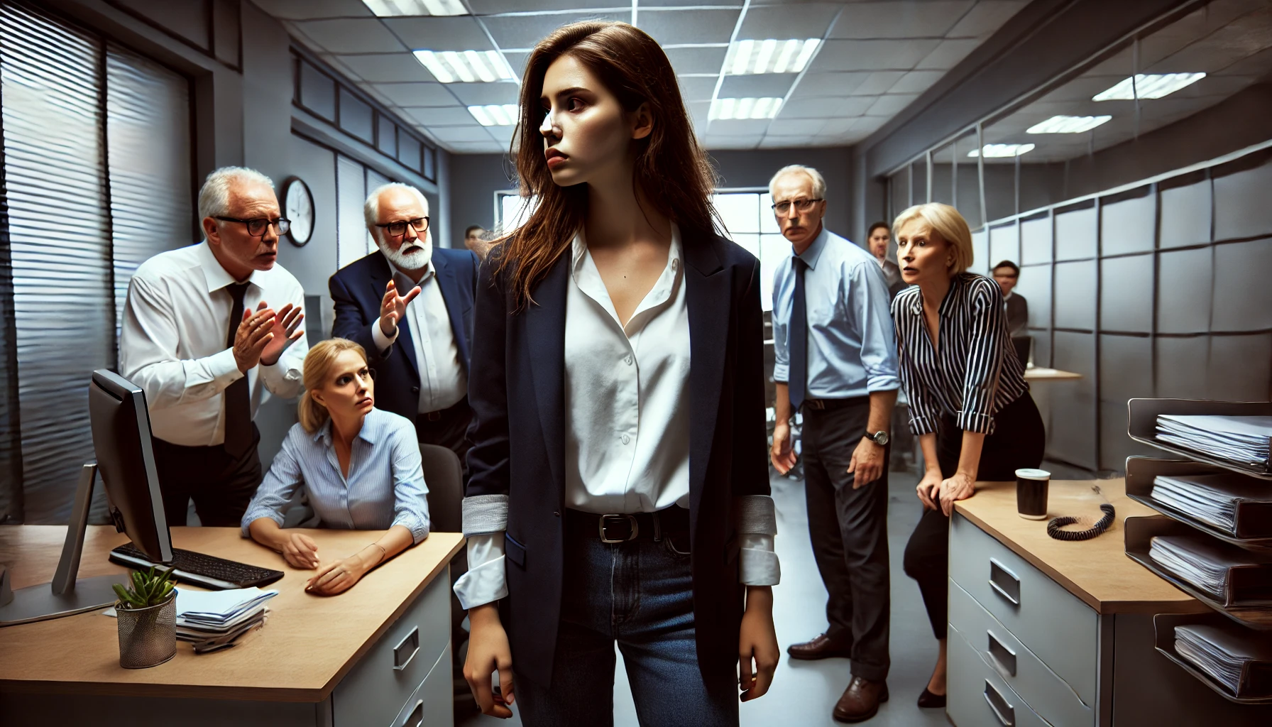 A dramatic and emotional scene set in a professional office environment. A young woman stands confidently, visibly upset but composed, as a group of