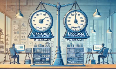 A conceptual illustration that visually represents the concept of earnings versus time investment. The image shows two scales_ one scale depicts $150